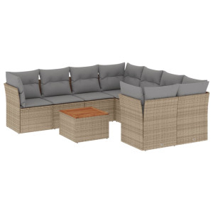 9 pcs conj. sofás jardim c/ almofadões vime PE bege misturado H