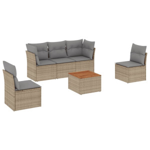 6 pcs conj. sofás jardim c/ almofadões vime PE bege misturado H