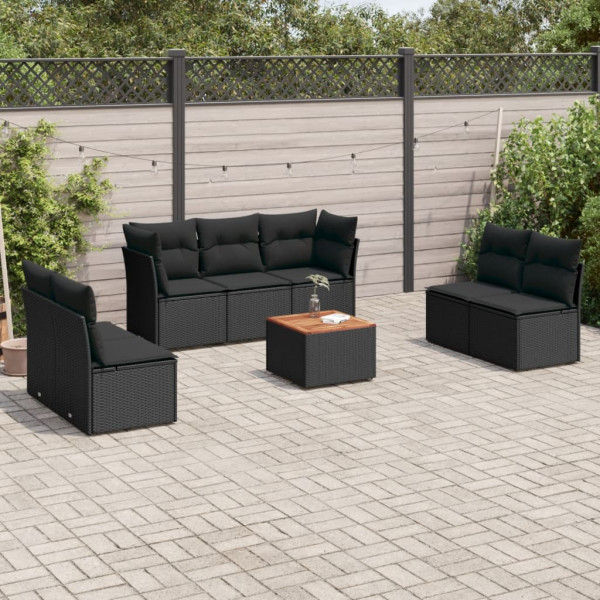 Set de sofás de jardín 8 piezas y cojines ratán sintético negro D