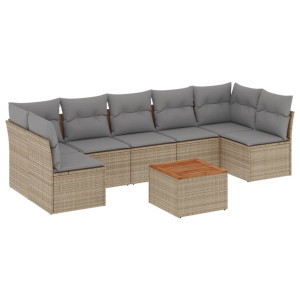 8 pcs conj. sofás jardim c/ almofadões vime PE bege misturado H
