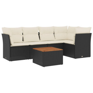 6 pcs conjunto sofás de jardim c/ almofadões vime PE preto H