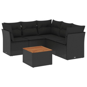 6 pcs conjunto sofás de jardim c/ almofadões vime PE preto H