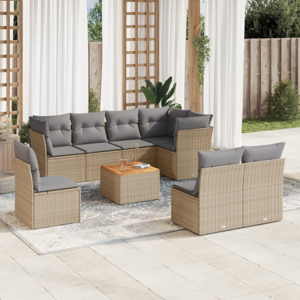 9 pcs conj. sofás jardim c/ almofadões vime PE bege misturado D