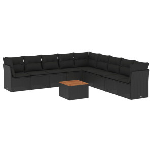 10 pcs conjunto sofás de jardim c/ almofadões vime PE preto H