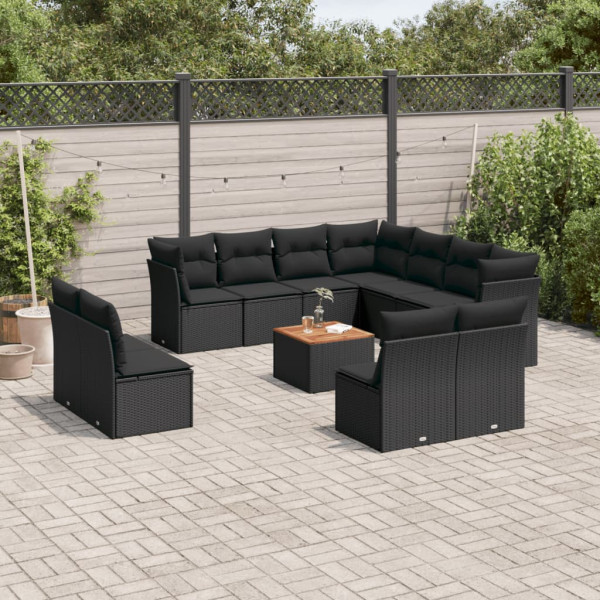 Set de sofás de jardín 12 piezas cojines ratán sintético negro D