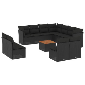 12 pcs conjunto de sofás de jardim c/ almofadões vime PE preto H