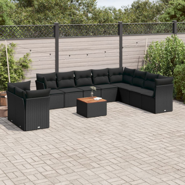 Set de sofás de jardín 11 pzas y cojines ratán sintético negro D