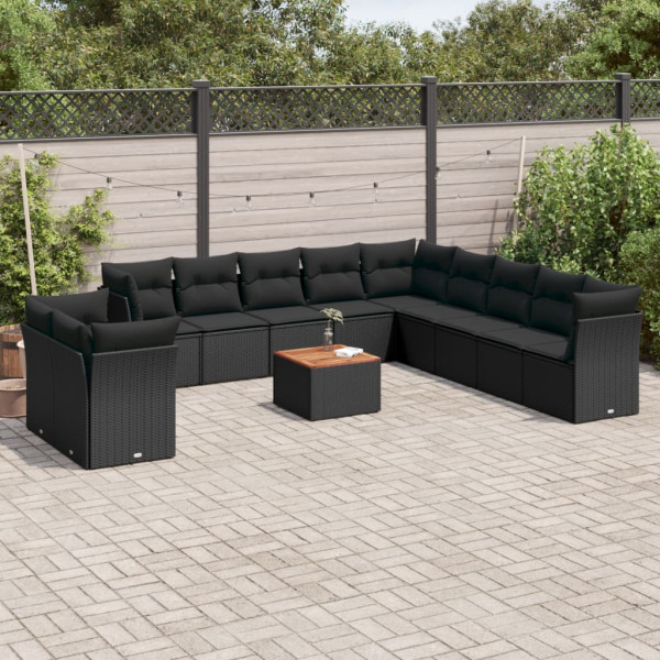 Set de sofás de jardín 12 piezas cojines ratán sintético negro D