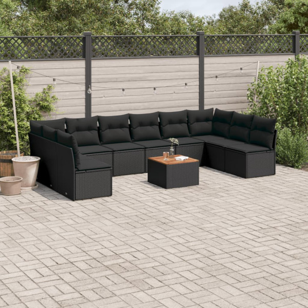 Set de sofás de jardín 11 pzas y cojines ratán sintético negro D