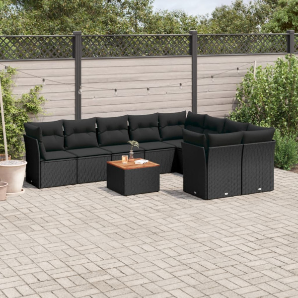 10 pcs conjunto sofás de jardim c/ almofadões vime PE preto D