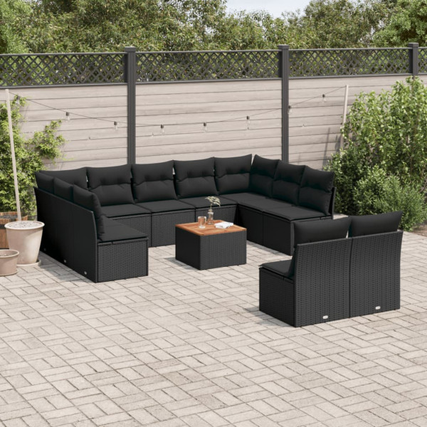 Set de sofás de jardín 12 piezas cojines ratán sintético negro D
