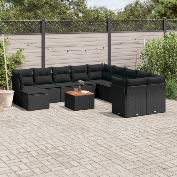 Set de sofás de jardín 12 piezas cojines ratán sintético negro D