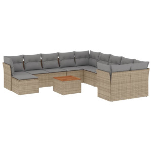 12 pcs conj. sofás jardim c/ almofadões vime PE bege misturado H