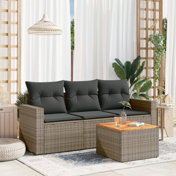 4 pcs conjunto sofás de jardim c/ almofadões vime PE cinzento D
