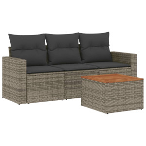 4 pcs conjunto sofás de jardim c/ almofadões vime PE cinzento H