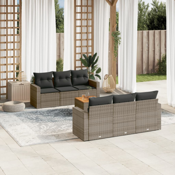 7 pcs conjunto sofás p/ jardim c/ almofadões vime PE cinzento D