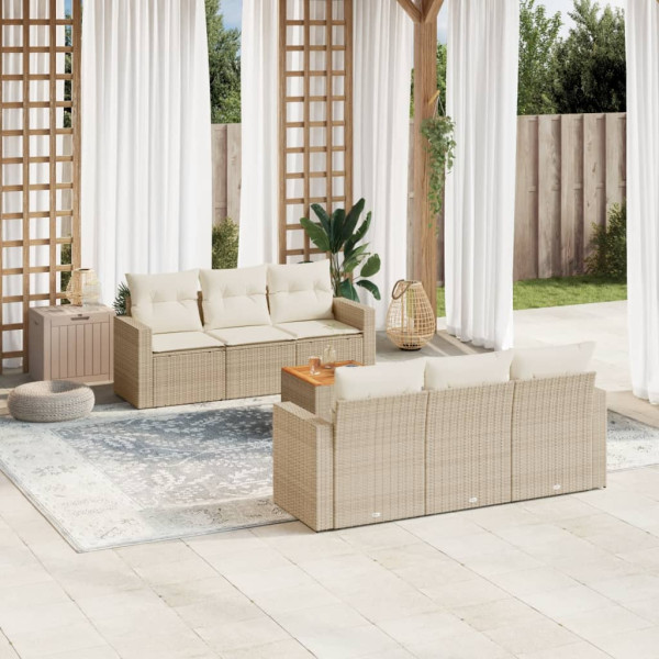 Set sofás de jardín 7 piezas y cojines ratán sintético beige D