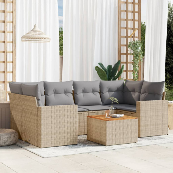 7 pcs conj. sofás jardim c/ almofadões vime PE bege misturado D