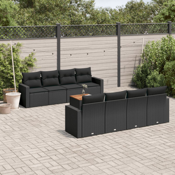 9 pcs conjunto de sofás p/ jardim c/ almofadões vime PE preto D