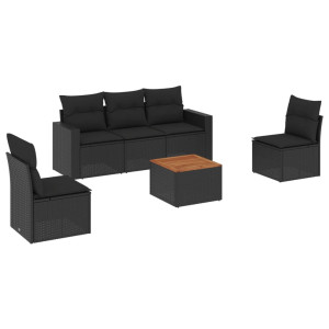 6 pcs conjunto sofás de jardim c/ almofadões vime PE preto H