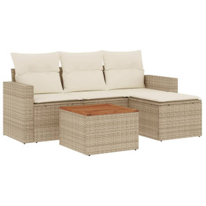 5 pcs conjunto de sofás p/ jardim com almofadões vime PE bege H