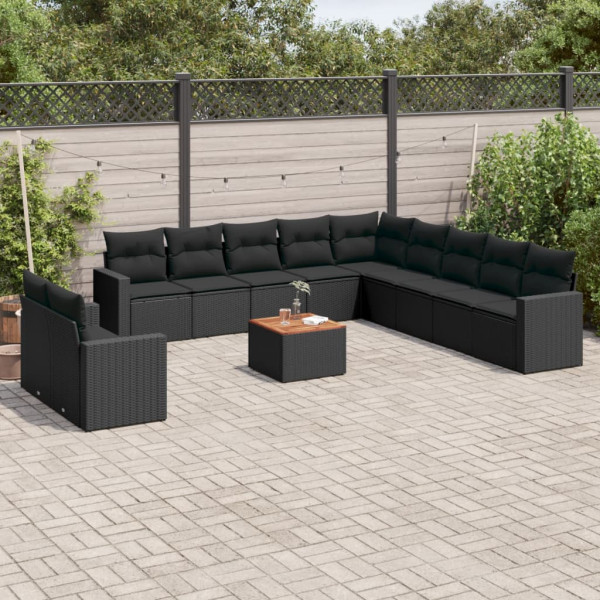 12 pcs conjunto de sofás de jardim c/ almofadões vime PE preto D