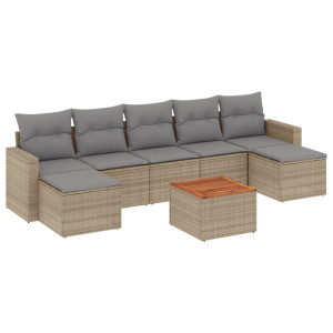 8 pcs conj. sofás jardim c/ almofadões vime PE bege misturado H
