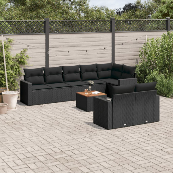 Set de sofás de jardín 8 piezas y cojines ratán sintético negro D