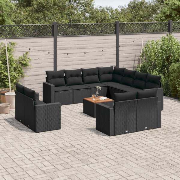Set de sofás de jardín 12 piezas cojines ratán sintético negro D