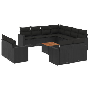 12 pcs conjunto de sofás de jardim c/ almofadões vime PE preto H
