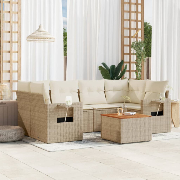 7 pcs conjunto de sofás p/ jardim com almofadões vime PE bege D