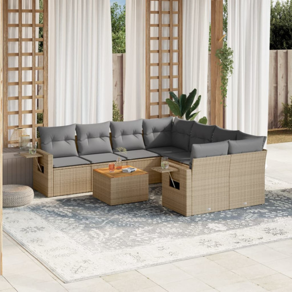 9 pcs conj. sofás jardim c/ almofadões vime PE bege misturado D