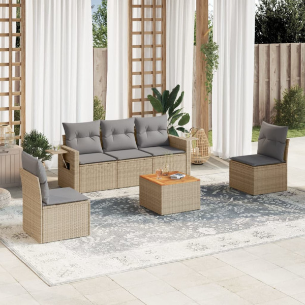 6 pcs conj. sofás jardim c/ almofadões vime PE bege misturado D