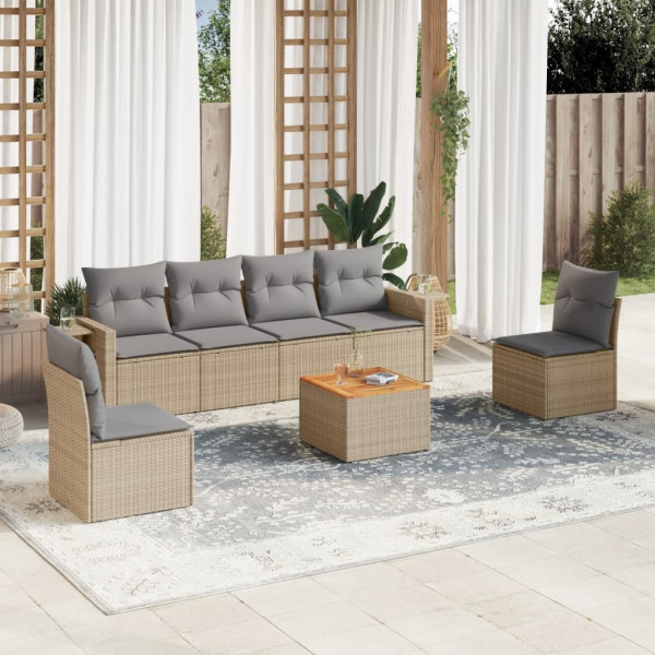 7 pcs conj. sofás jardim c/ almofadões vime PE bege misturado D