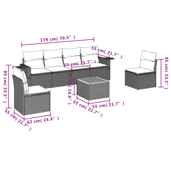 7 pcs conj. sofás jardim c/ almofadões vime PE bege misturado M 3