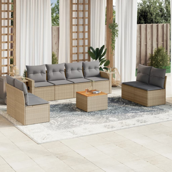 9 pcs conj. sofás jardim c/ almofadões vime PE bege misturado D