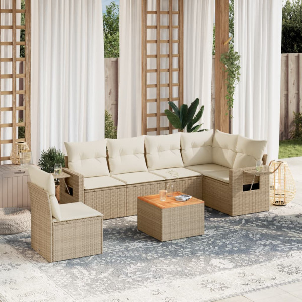 7 pcs conjunto de sofás p/ jardim com almofadões vime PE bege D