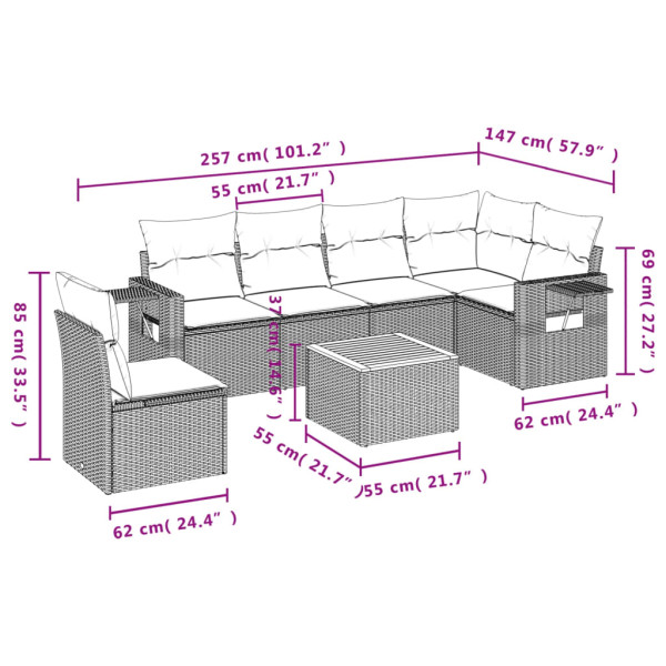 7 pcs conjunto de sofás p/ jardim com almofadões vime PE bege M 3
