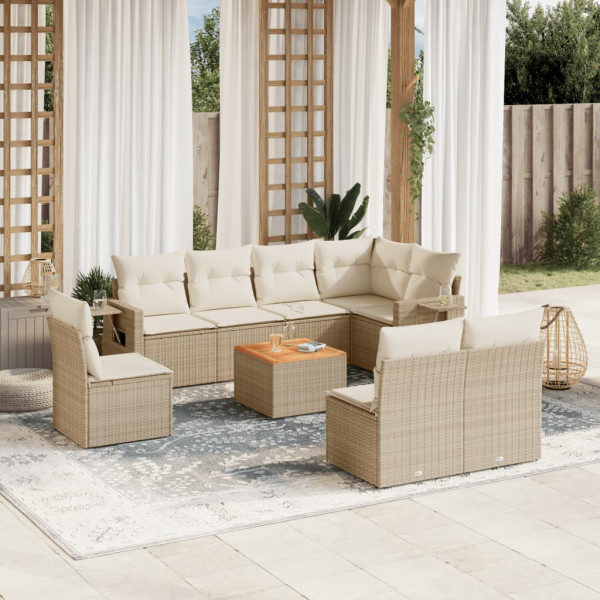 Set de sofás de jardín 9 pzas con cojines ratán sintético beige D