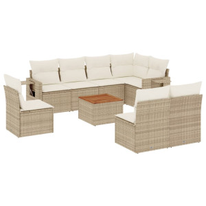 9 pcs conjunto de sofás p/ jardim com almofadões vime PE bege H