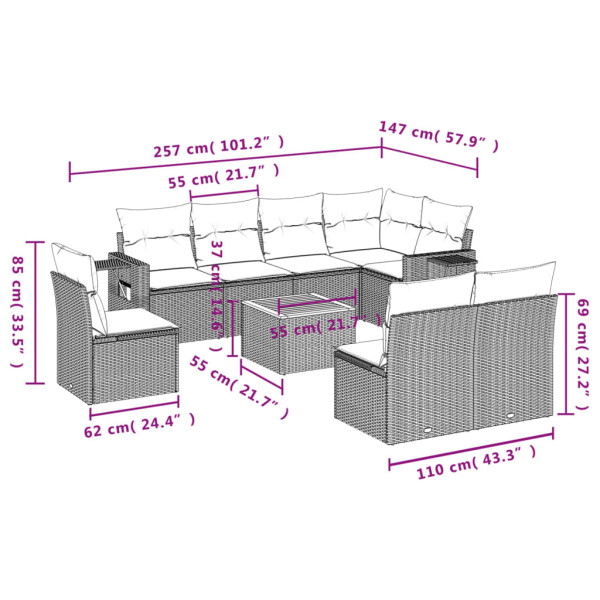 9 pcs conjunto de sofás p/ jardim com almofadões vime PE bege M 3
