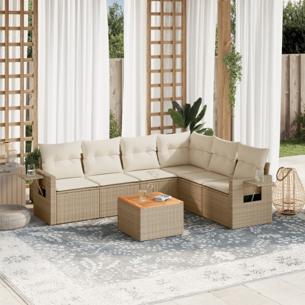 Set sofás de jardín 7 piezas y cojines ratán sintético beige D