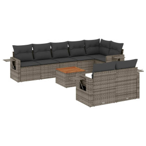 Set de muebles de jardín 9 pzas y cojines ratán sintético gris H