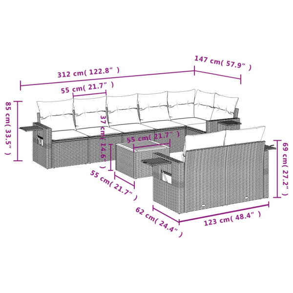 Set de muebles de jardín 9 pzas y cojines ratán sintético gris M 3