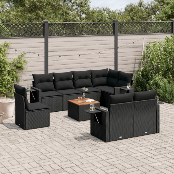 9 pcs conjunto de sofás p/ jardim c/ almofadões vime PE preto D