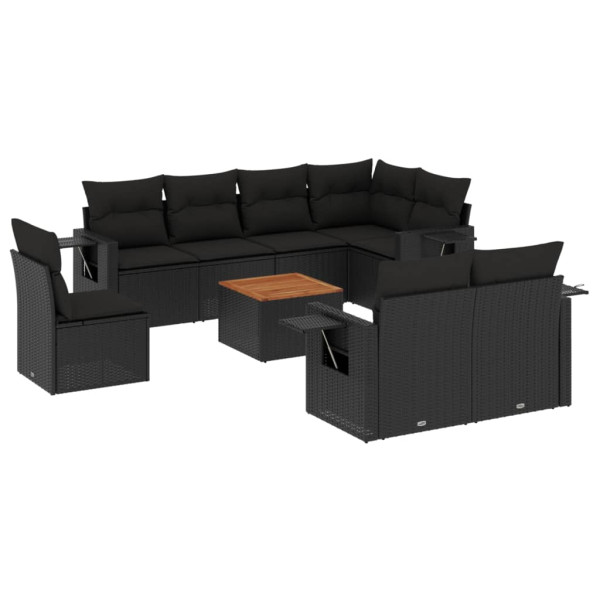 9 pcs conjunto de sofás p/ jardim c/ almofadões vime PE preto M 2