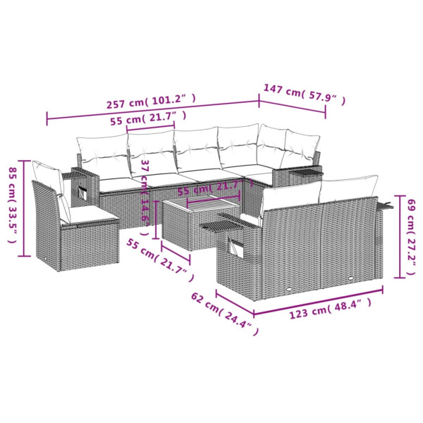 9 pcs conjunto de sofás p/ jardim c/ almofadões vime PE preto M 3