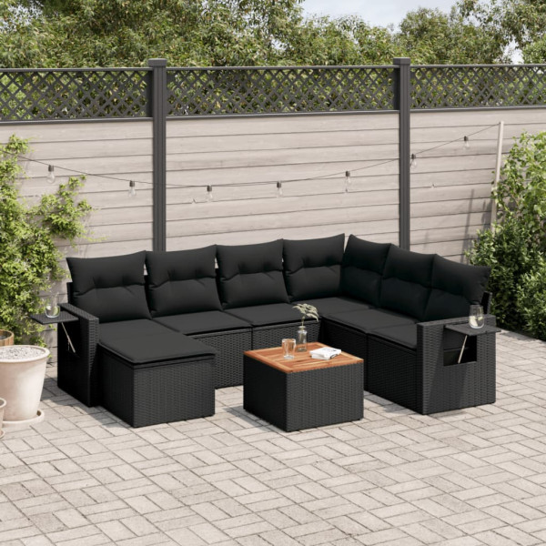 8 pcs conjunto sofás de jardim com almofadões vime PE preto D