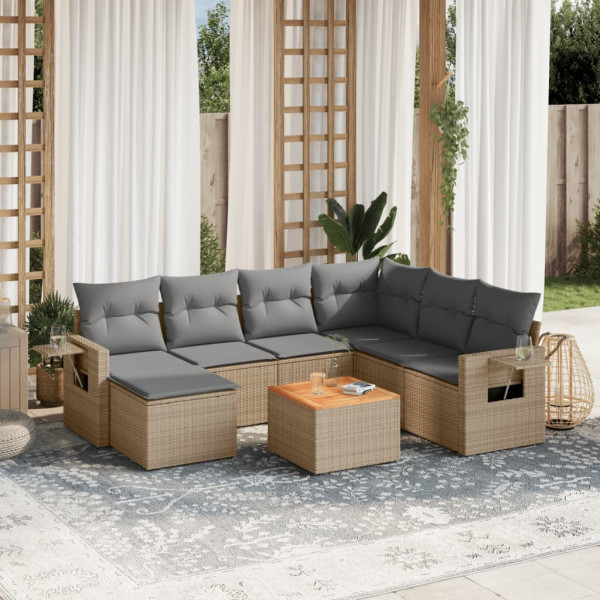 8 pcs conj. sofás jardim c/ almofadões vime PE bege misturado D