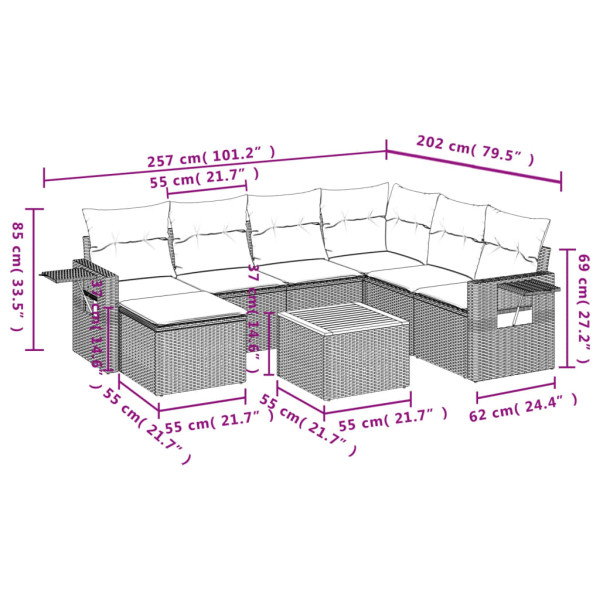 8 pcs conj. sofás jardim c/ almofadões vime PE bege misturado M 3